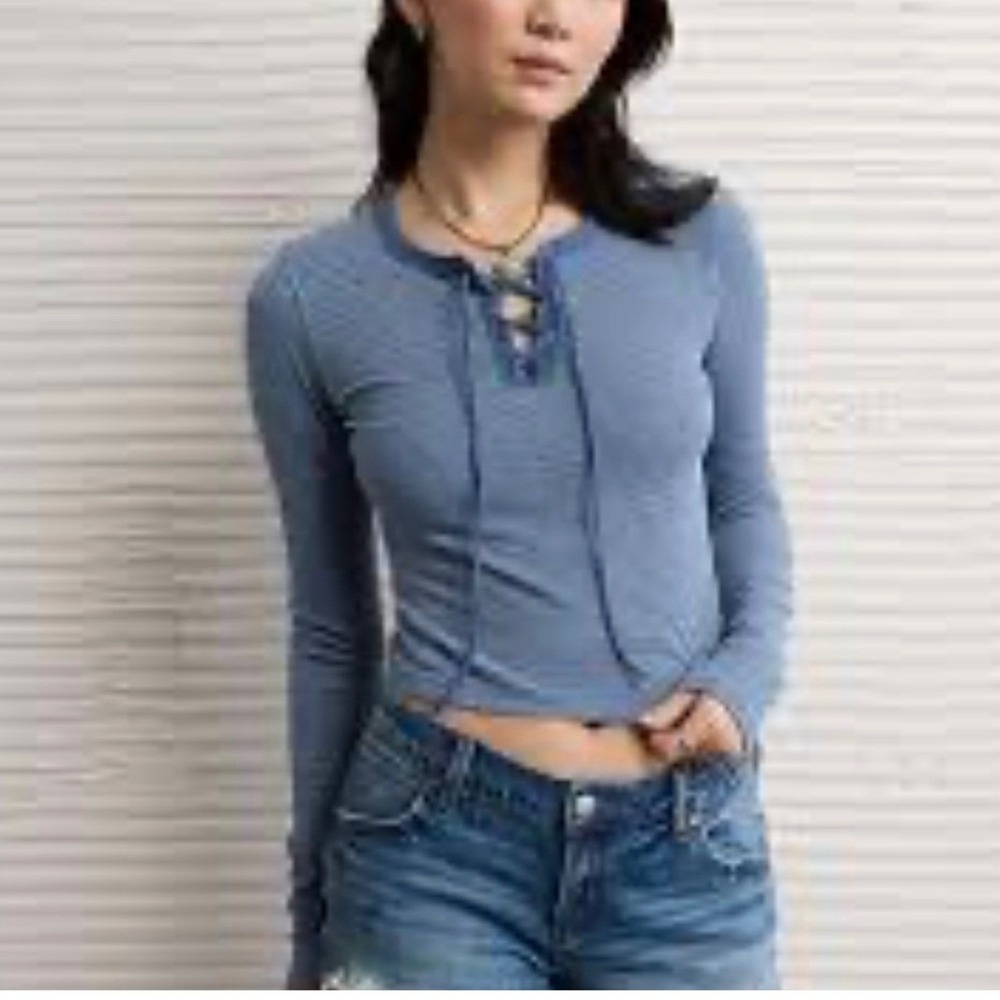 American Eagle Blue Striped Lace Up Ribbed Long Sleeve Cropped Top Large Indie